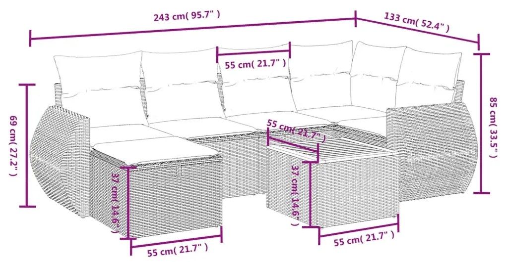 Set divani da giardino con cuscini 7pz nero polyrattan