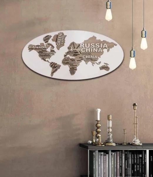 Quadro ovale Planisfero 59x119 cm figura lavorata a legni sovrapposti
