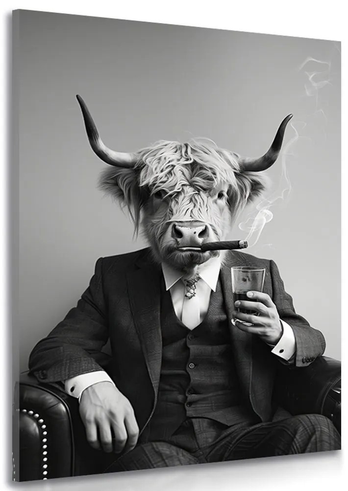 Quadro su tela – Mucca in abito con sigaro e whisky