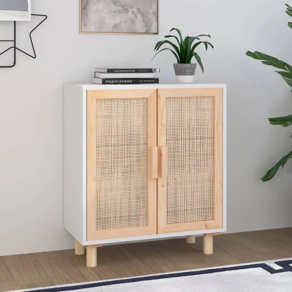 Credenza bianca 60x30x70 cm legno massello pino rattan naturale