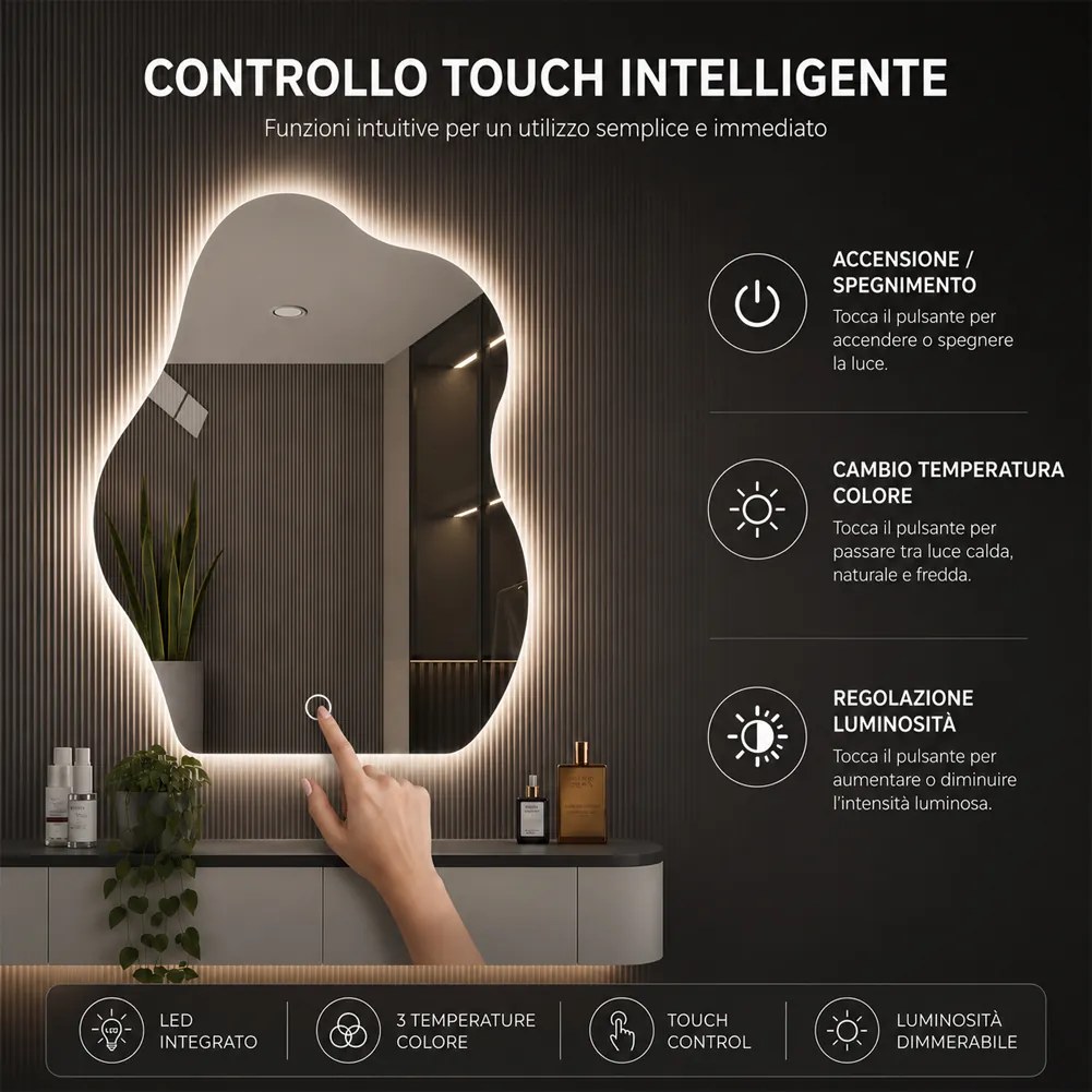 Specchio Forma Ondulata da Parete 50x70cm con LED 3 Colori Accensione Touch...