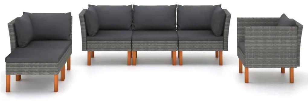 Set divani da giardino 6pz polyrattan legno di eucalipto grigio