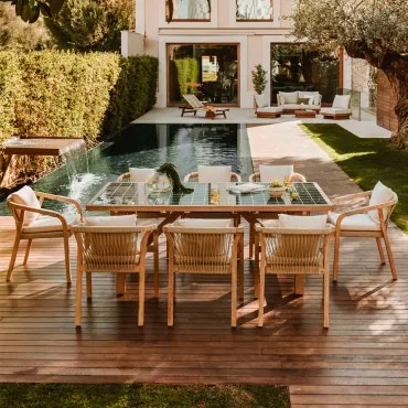 Set Da Tavolo Rettangolare 200x100 Cm In Stile Piastrella E 8 Sedie Da Giardino In Legno Di Acacia E Cemento Dubai Verde Scuro & Tessuto Gardenia -