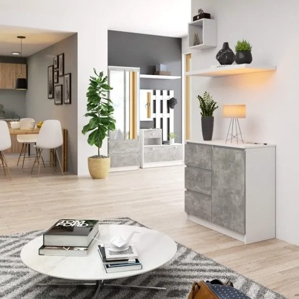 Cassettiera Credenza 80 Cm 3 Cassetti 1 Anta Artika Bianco E Cemento