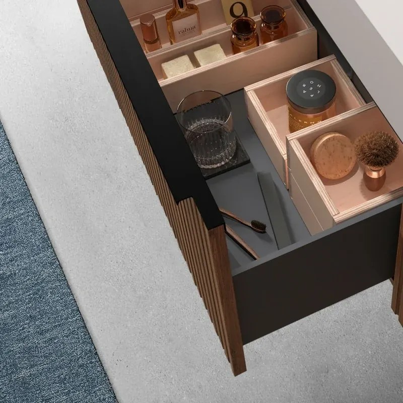 Mobile bagno sospeso 90 cm noce maya cannettato con cassetto, specchio e lavabo Nara