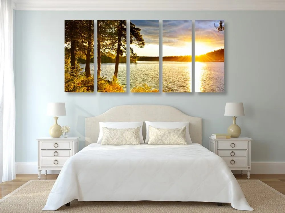 Quadri 5 pezzi – Tramonto sul lago