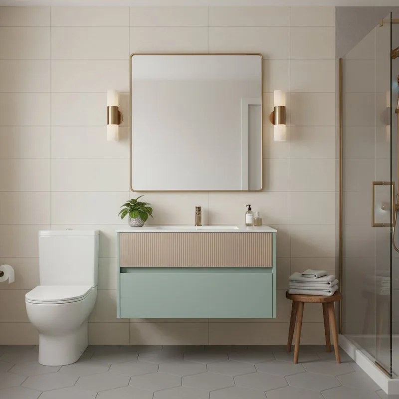 Mobile da bagno sospeso sotto lavabo Niwa 2 cassetti L 89.5 x H 50 x P 45.5 cm verde e sabbia cannettato