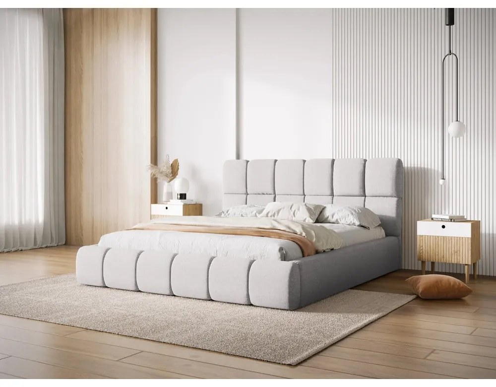 Letto matrimoniale imbottito grigio chiaro con contenitore con griglia 180x200 cm Bellis - Micadoni Home