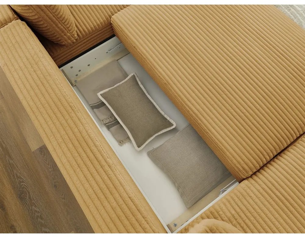 Divano angolare color senape allungabile/con contenitore (con penisola a destra/a U) con rivestimento in velluto a coste Lucien – Bobochic Paris