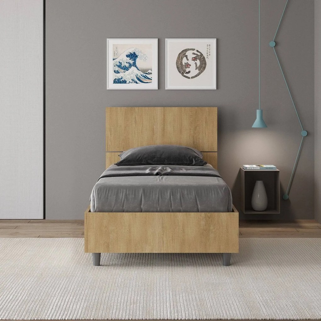 Letto Singolo 80x190 Demas con Rete Contenitore e Stile Minimalista, Quercia / Con Rete
