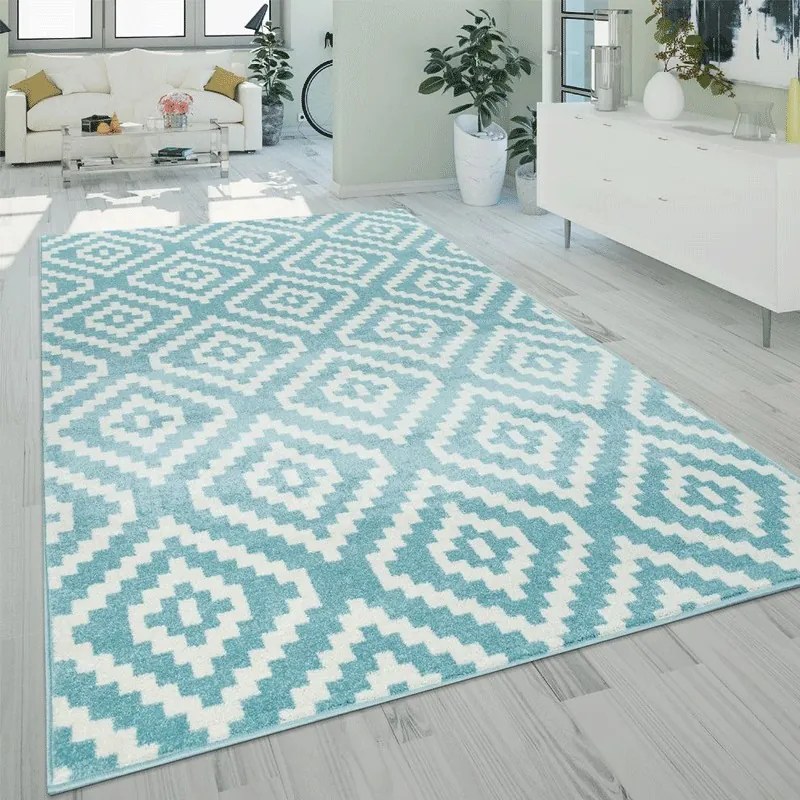 Tappeto Arredo a Pelo Corto Etnico  Colore Azzurro, Dimensioni cm 120x170