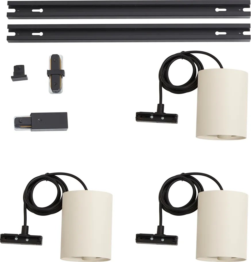Sistema di illuminazione a binario moderno con 3 lampade a sospensione nere e beige monofase - Iconic Holt