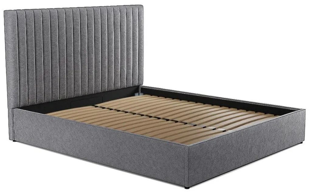 Letto matrimoniale con contenitore e testiera Letto matrimoniale con cuciture verticali 160 x 200 cm Tessuto Grigio SARAH