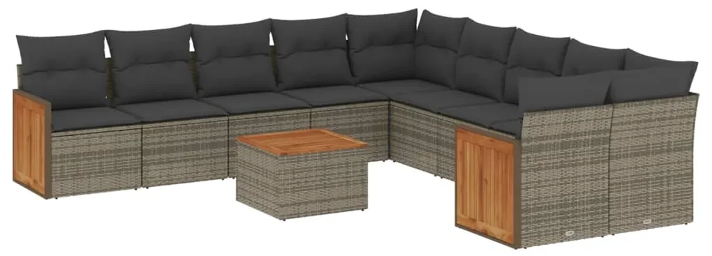 Set divani da giardino 11 pz con cuscini in polyrattan grigio