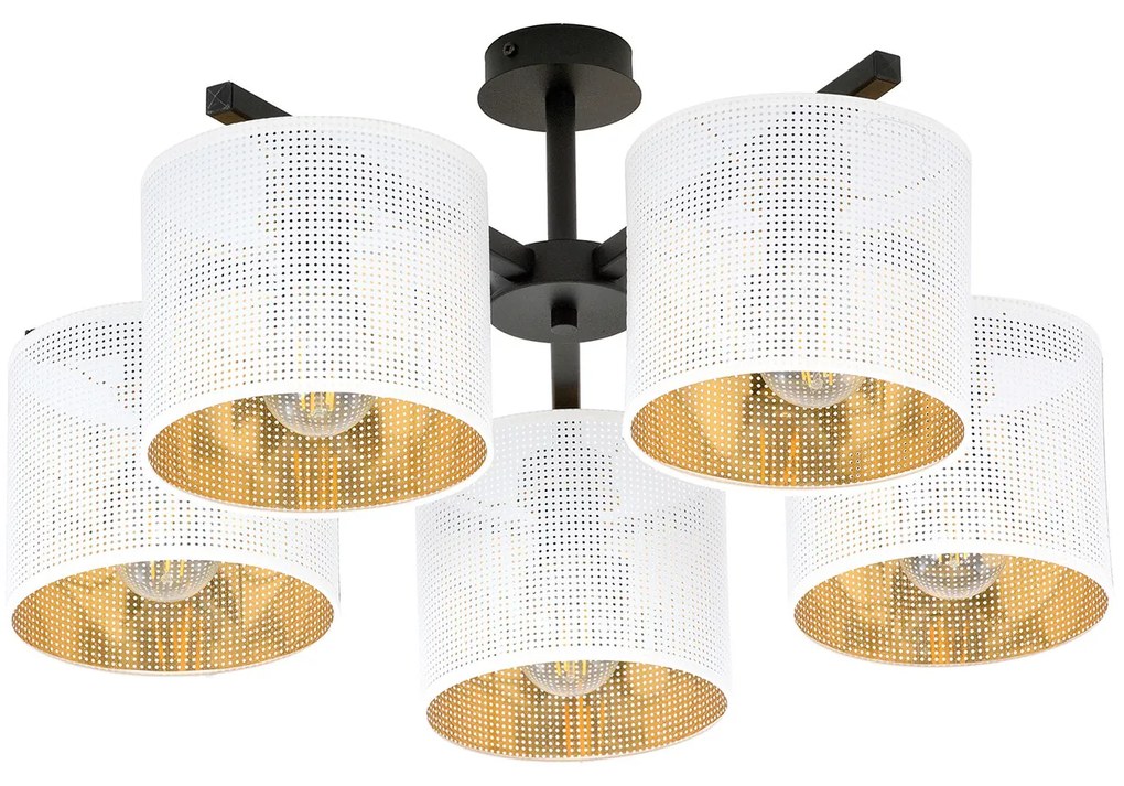 Plafoniera Industrial 5 Luci Cigno In Acciaio Bianco E Paralumi A Cilindro Oro