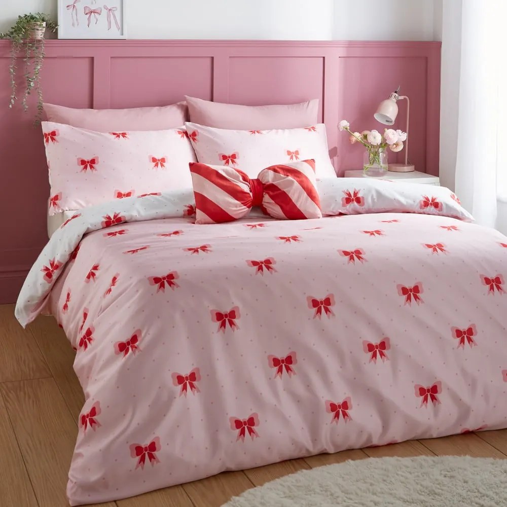 Set copripiumino e federa rosa per letto matrimoniale e per letto esteso 230x220 cm Dotty Bows – Sassy B