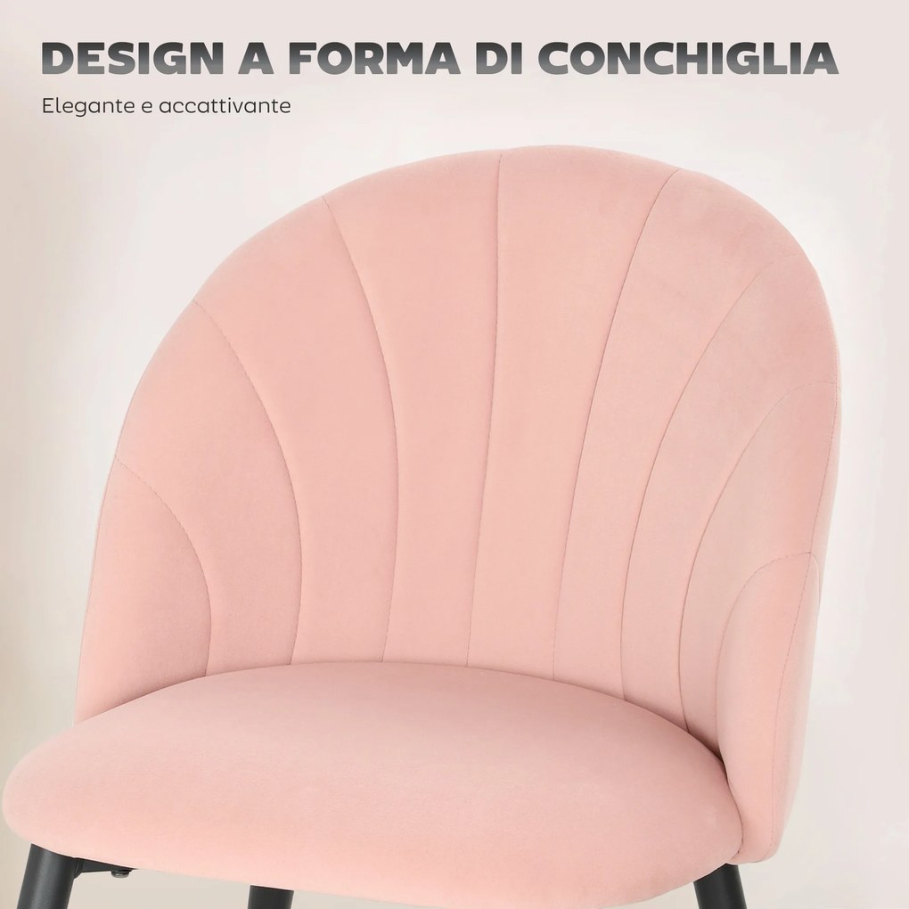 Set 2 Sedie da Pranzo Imbottite 52x55x79 cm con Schienale a Conchiglia in Velluto Rosa...