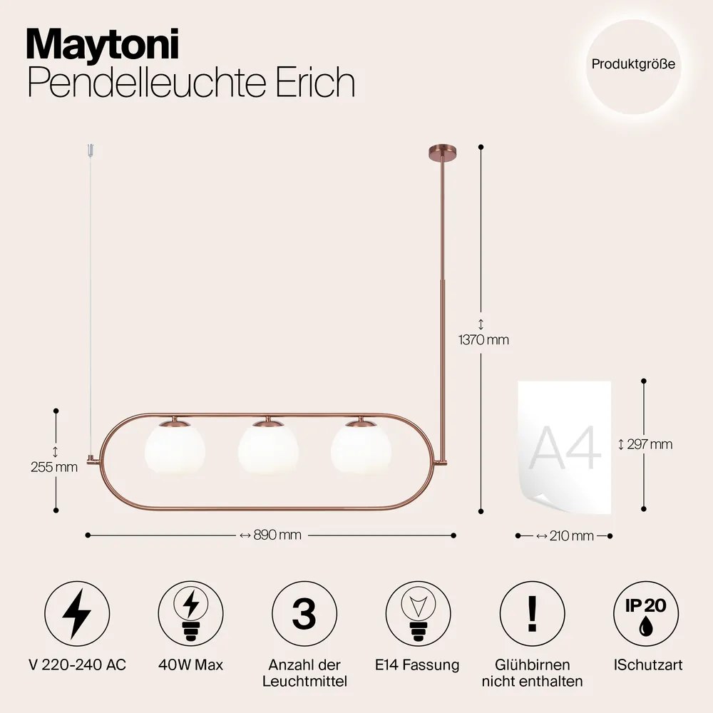 Sospensione Contemporanea Erich In Metallo Oro Rosa 3 Luci E Diffusori Bianchi