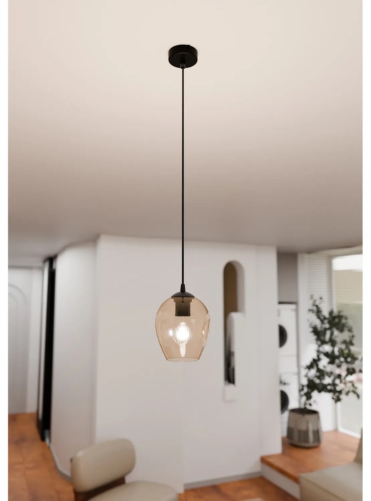 Sospensione 1 Luce Fuxi In Acciaio Nero E Vetro Ambra