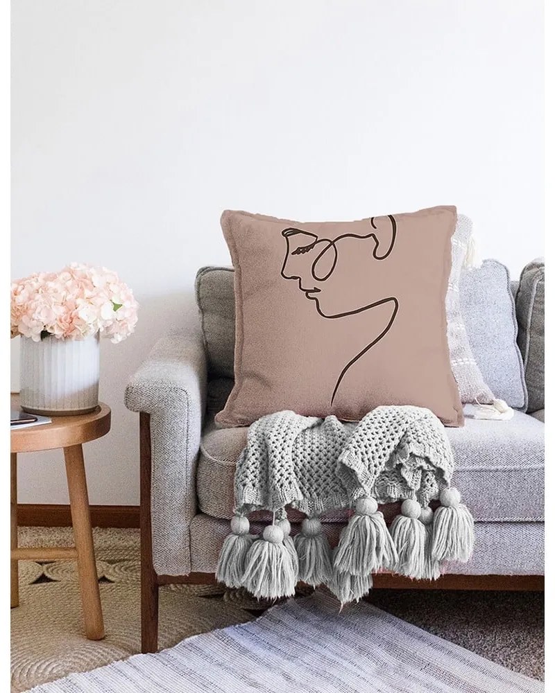 Federa beige con ritratto in misto cotone, 55 x 55 cm - Minimalist Cushion Covers