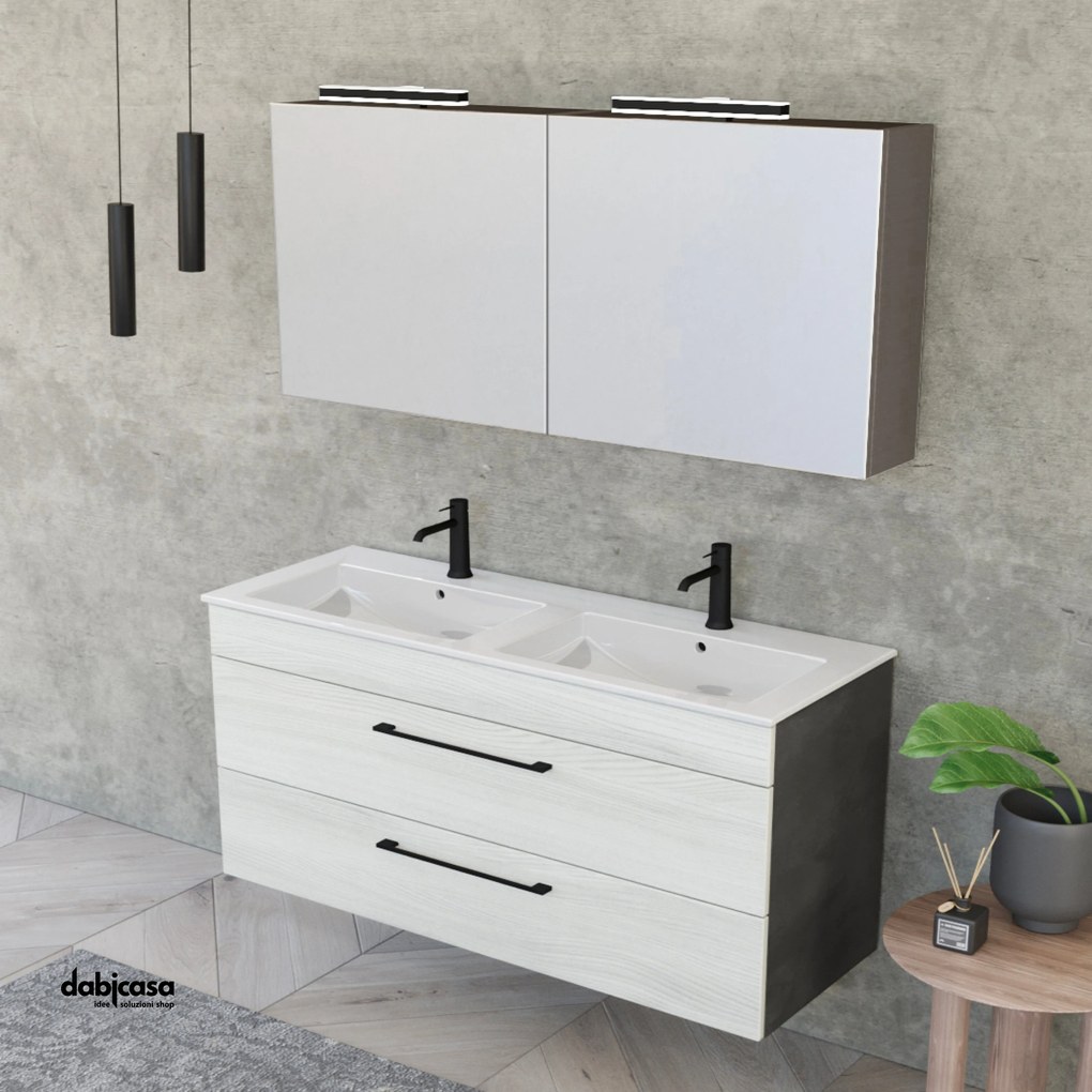 Mobile Bagno Sospeso "Unit Eight" Da 118 Cm Composto Da Due Cassetti e Doppia Vasca Finitura White Elm/Cemento Grigio Lava