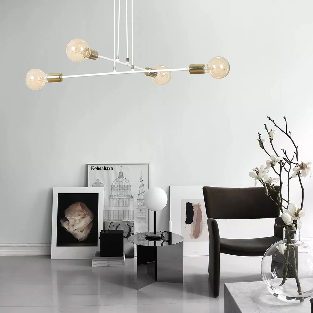 Lampadario Industrial 4 Luci Benzaiten A Bracci In Acciaio Bianco E Oro