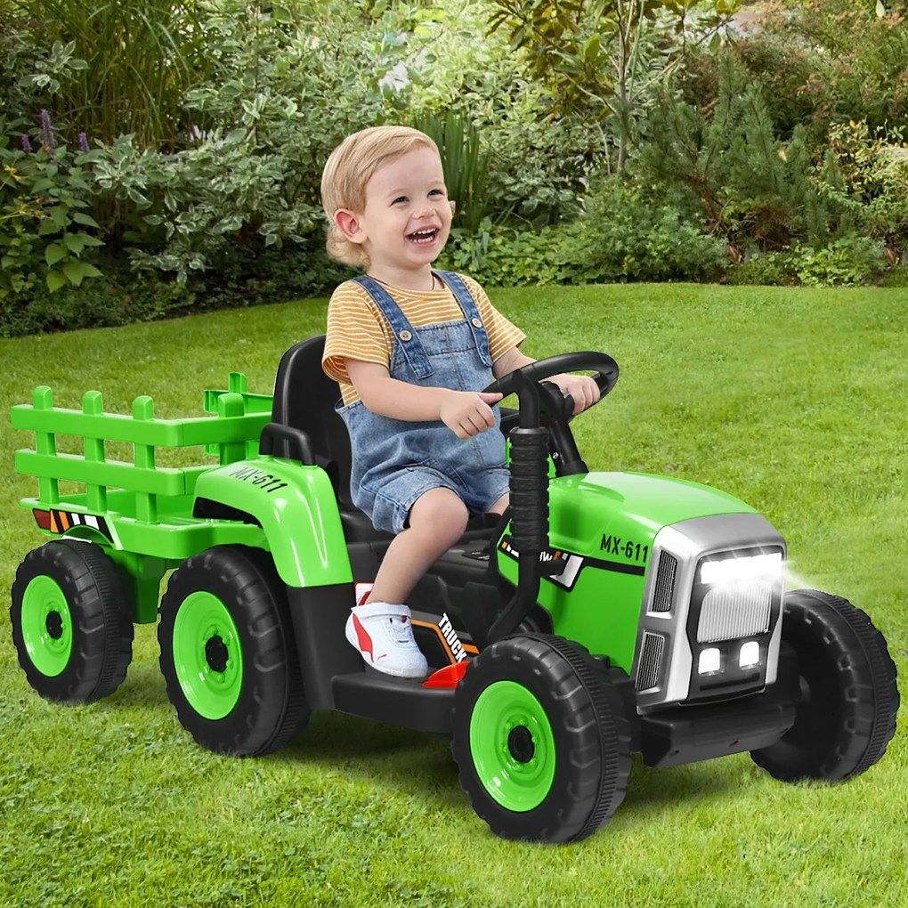 Costway Trattore con rimorchio 12 V per bambini, Giocattolo elettrico con 3 marce luci LED musica clacson Verde
