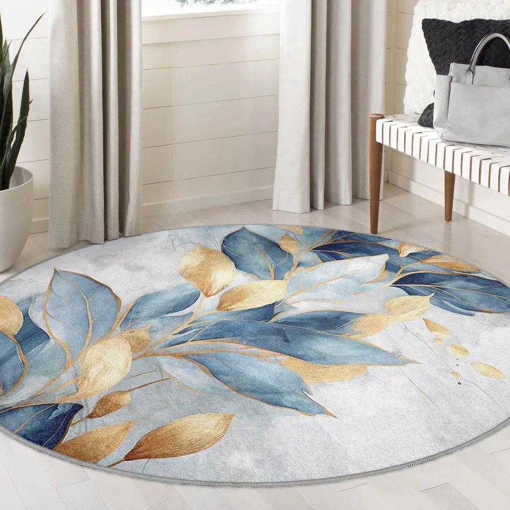 Tappeto rotondo blu/dorato lavabile ø 150 cm Golden Leaves – Mila Home