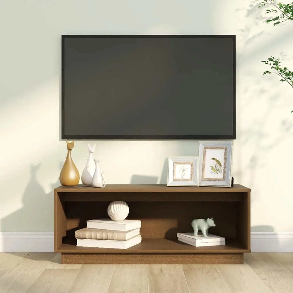 Mobile Porta Tv Ambrato 90x35x35 Cm İn Legno Massello Di Pino /