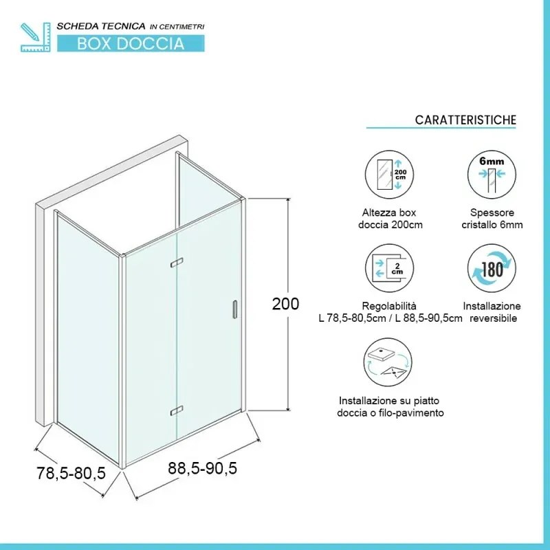 Box doccia 80x90x80 cm porta a soffietto serigrafata H 200 cm Ted