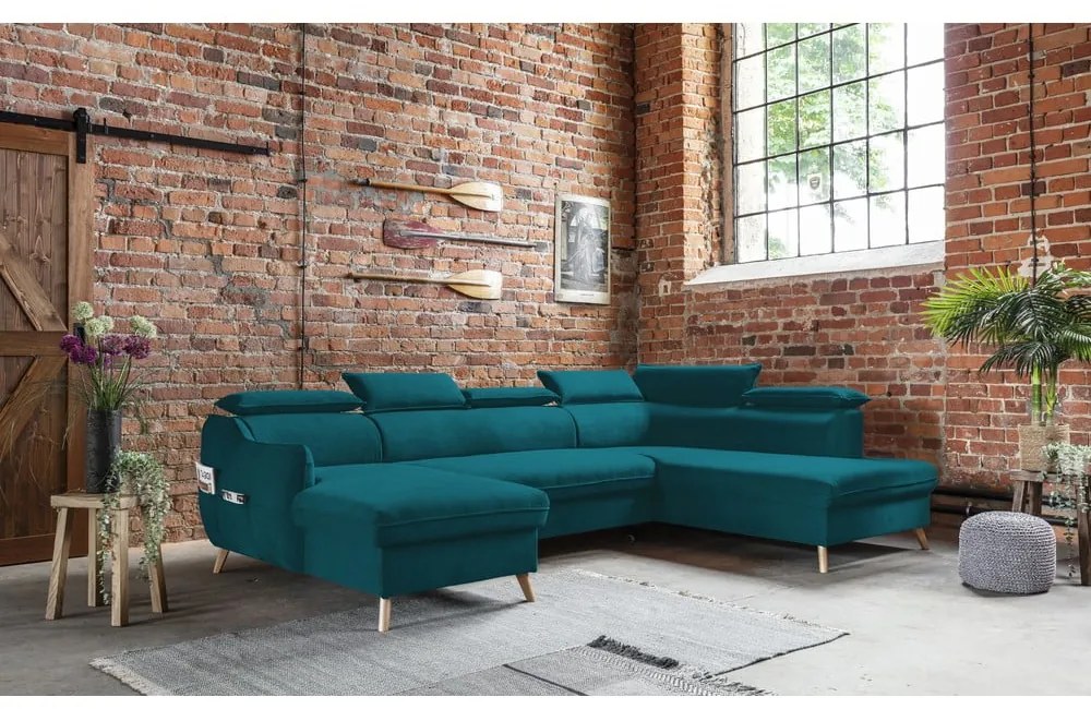 Divano letto angolare a U in velluto turchese (angolo destro) Sweet Harmony - Miuform