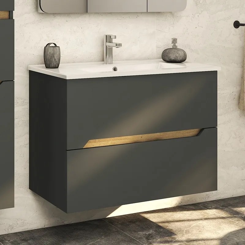 Kamalu - Composizione bagno sospesa 85 cm colore nero grafite matt | LAC-ARES-85