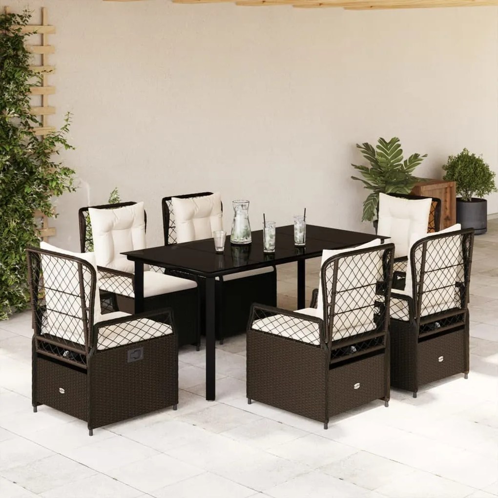 Set da pranzo da giardino 7pz con cuscini in polyrattan marrone