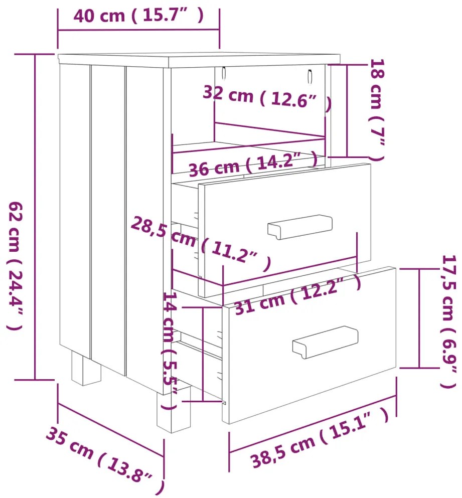 Comodino HAMAR Grigio Chiaro 40x35x62 cm Legno Massello di Pino