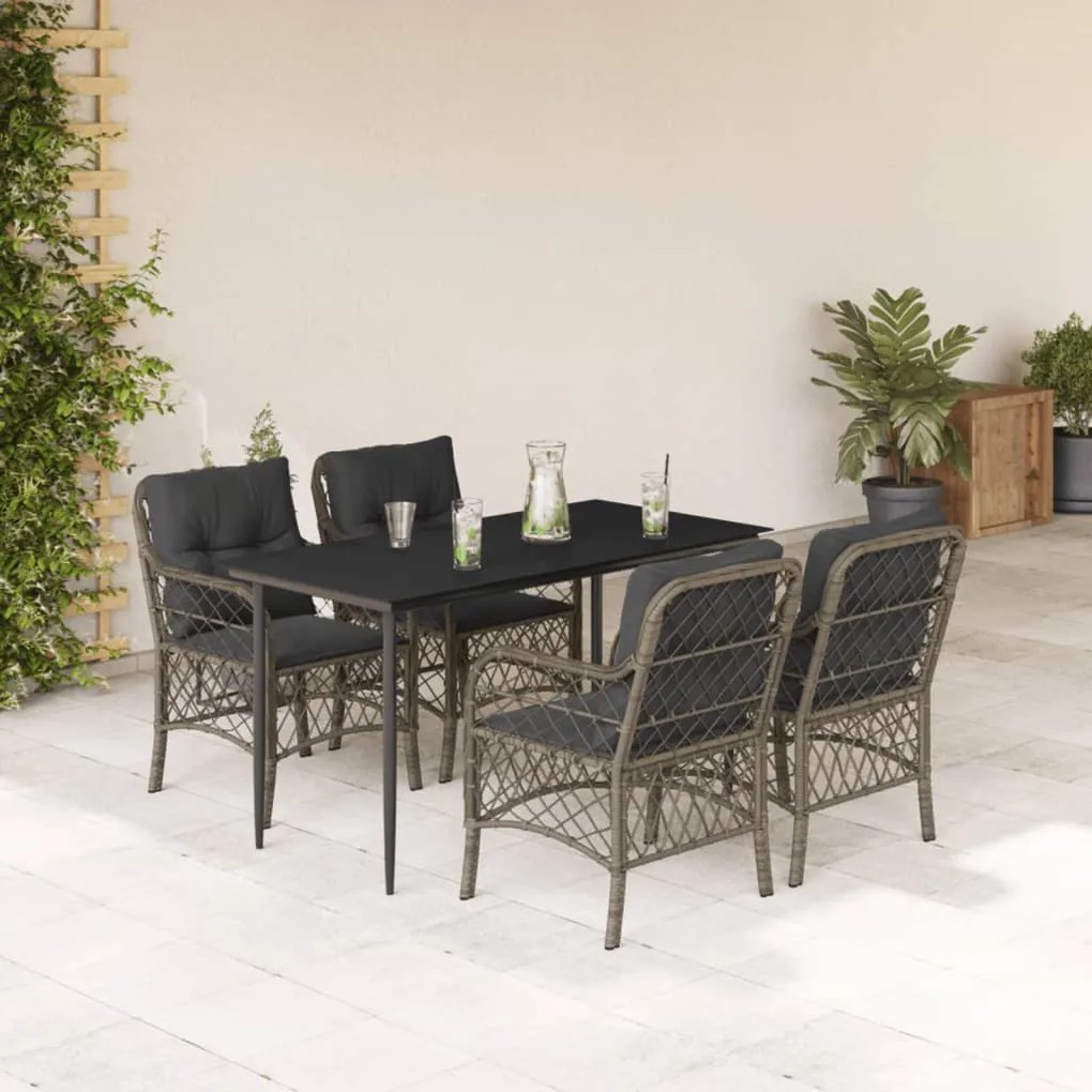 Set da pranzo da giardino 5 pz con cuscini in polyrattan grigio