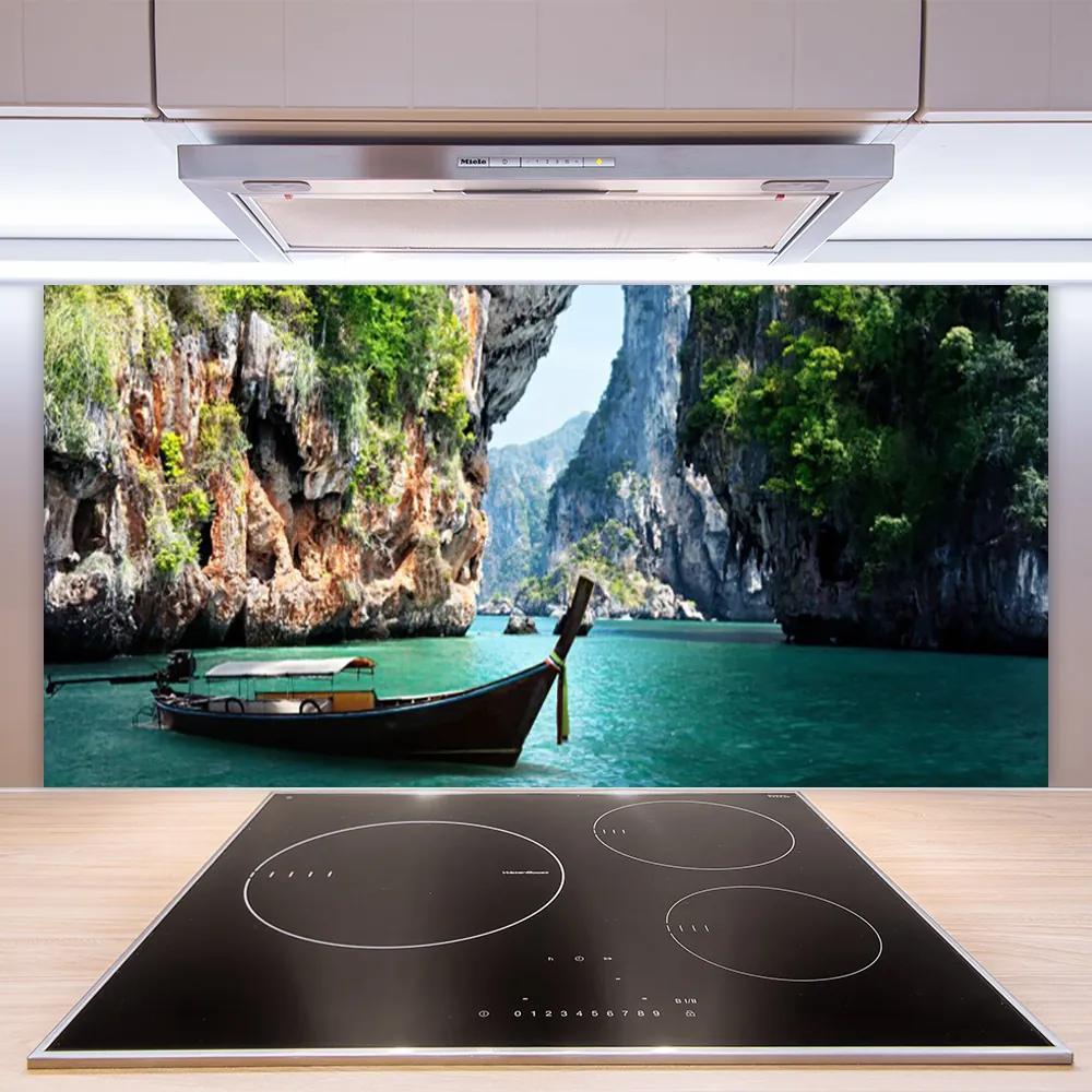 Pannello cucina paraschizzi Paesaggio della roccia del lago della barca 100x50 cm