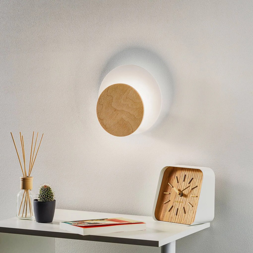 EMIBIG LIGHTING Applique Circle in bianco, pannello decorativo in legno chiaro