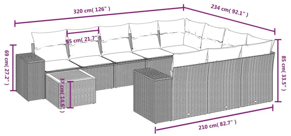 Set Divani da Giardino 11 pz con Cuscini in Polyrattan Grigio