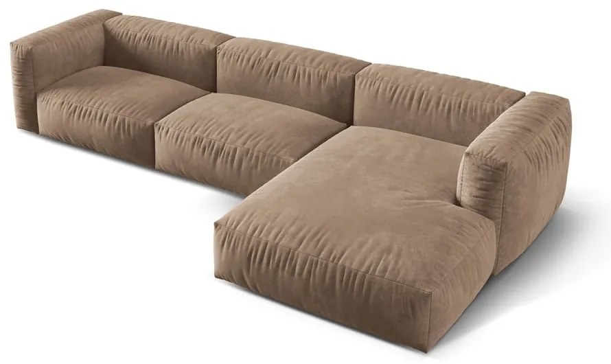 Divano angolare componibile marrone chiaro (con penisola a destra/con chaise lounge) con rivestimento in velluto Martina – Micadoni