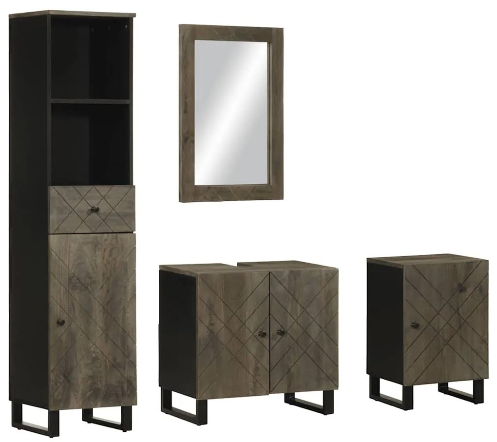 Set Mobili Da Bagno 4 Pz Nero İn Legno Massello Di Mango /