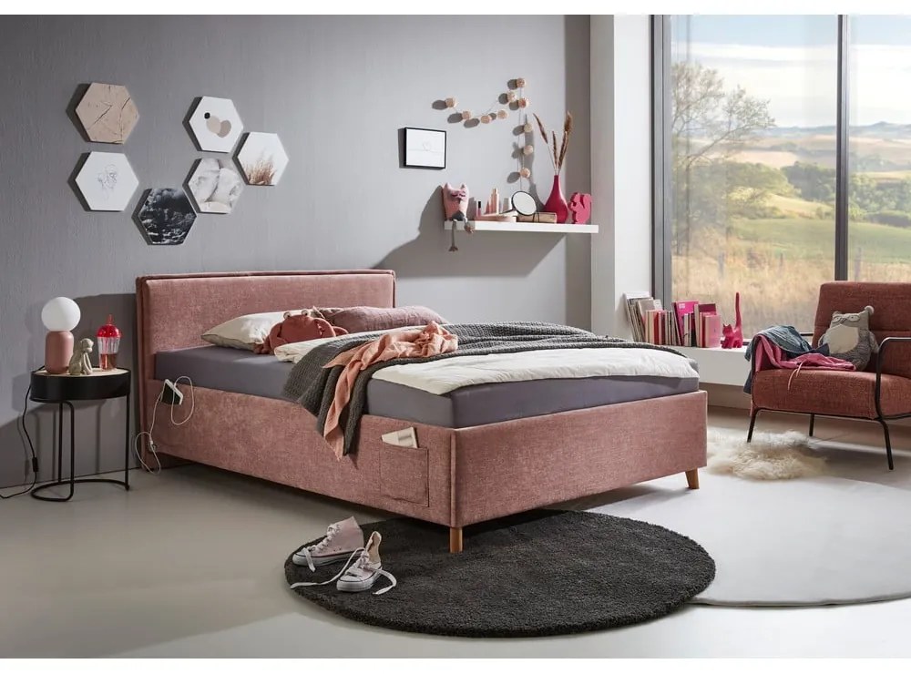 Letto da bambini rosa imbottito con contenitore con rete inclusa 140x200 cm Fun – Meise Möbel