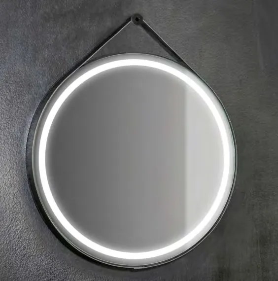 Specchio tondo illuminato 70 cm a led luce naturale con telaio in metallo con cintura in ecopelle