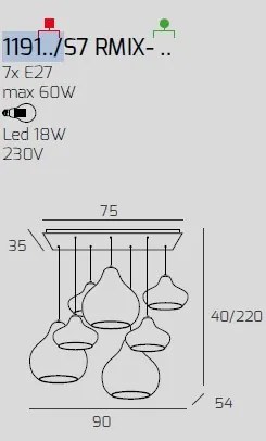 Sosp. ottone satinato 7 luci rettangolare vetri (2 x piccolo ru + 2...