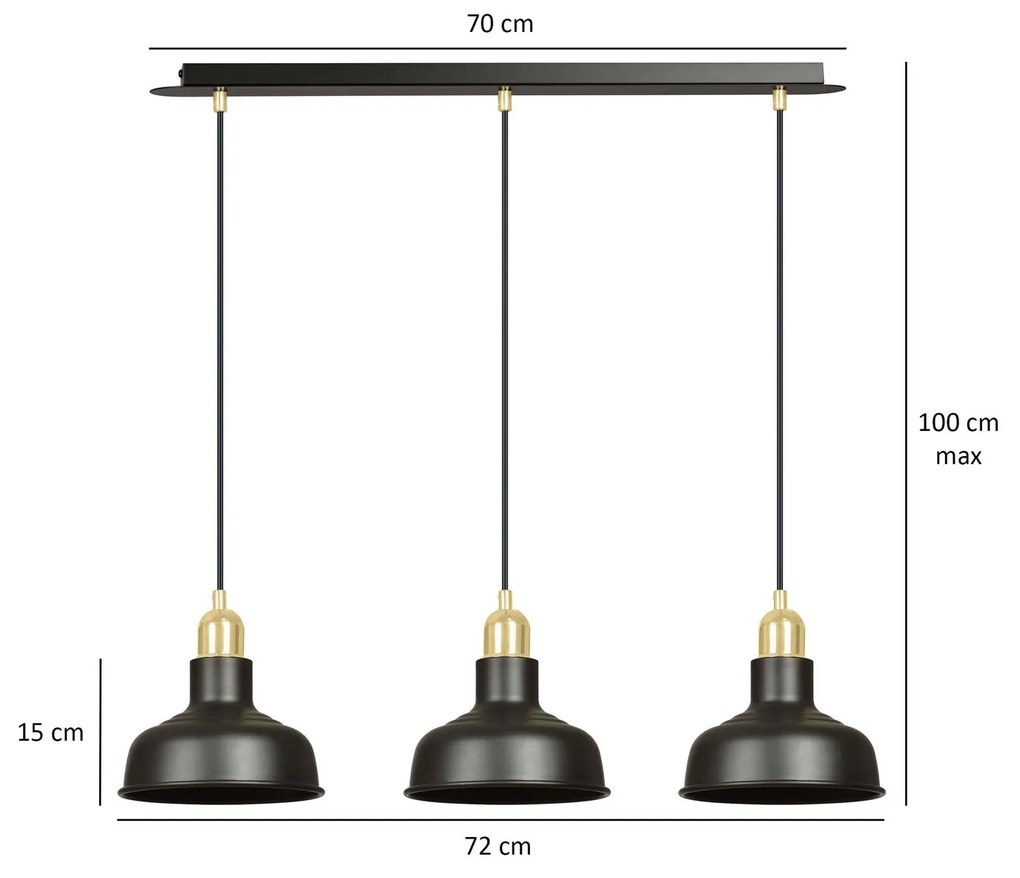 Lampadario Industrial 3 Luci Ibor In Acciaio Nero Con Elementi In Oro