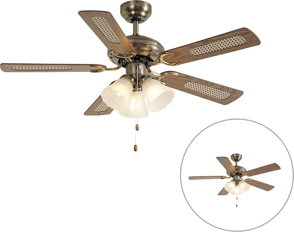 Ventilatore da soffitto in ottone con stampa legno e rattan 108cm con interruttore a tirante - Mistral Lia
