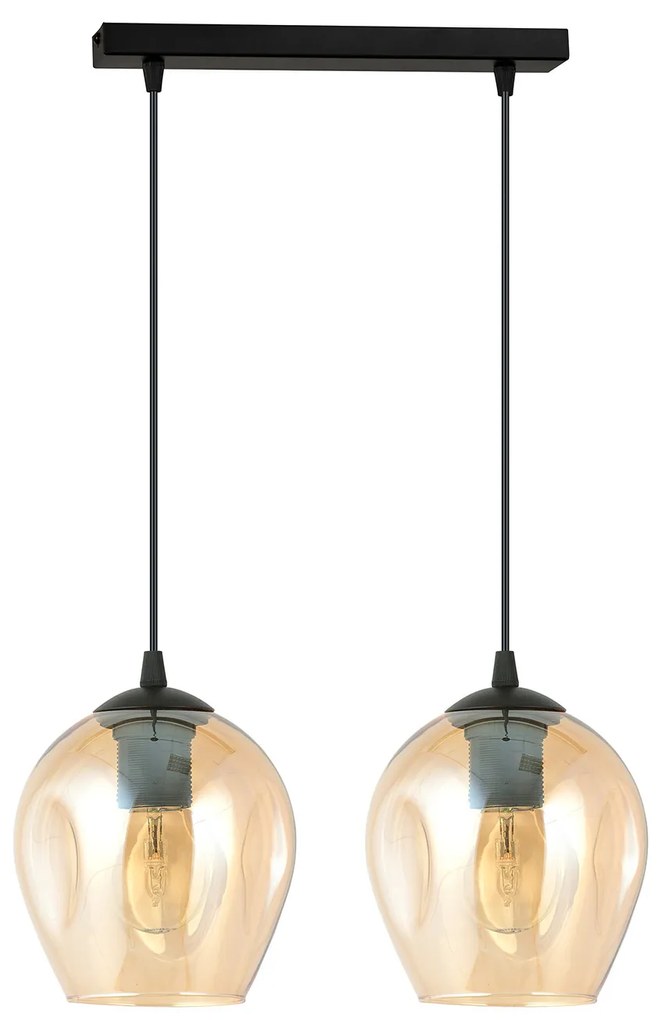 Lampadario 2 Luci Fuxi In Acciaio Nero E Vetro Ambra