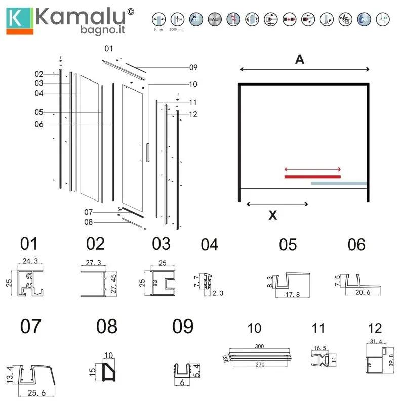 Kamalu - porta doccia 100 cm scorrevole vetro 6mm altezza 200h | kla4000c
