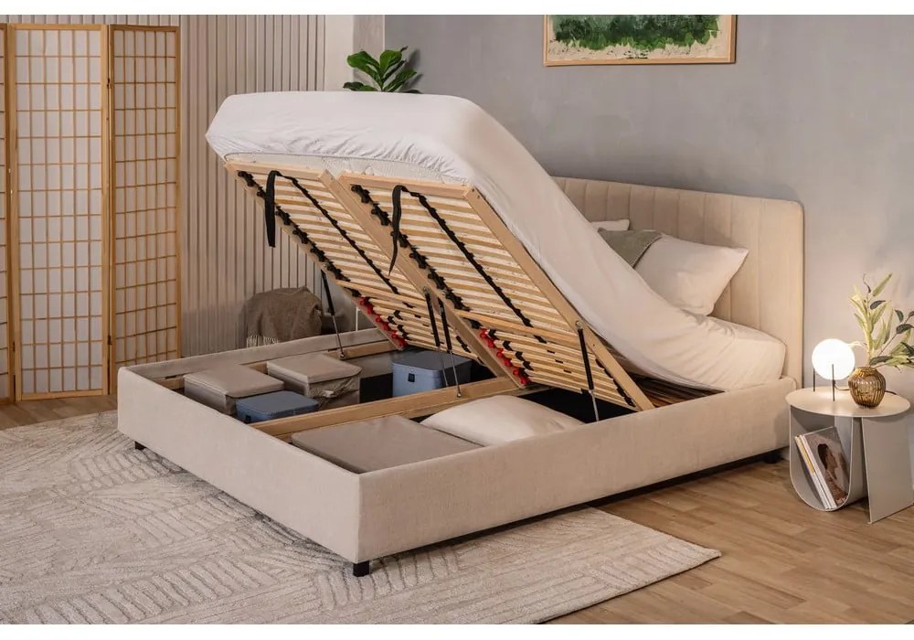 Letto matrimoniale imbottito beige con contenitore e rete inclusi 180x200 cm Myra Slim Line – Bonami Selection