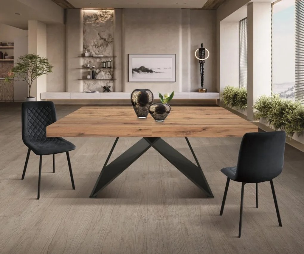 Tavolo VULCANO in legno, finitura rovere rustico con base in legno mdf antracite, allungabile 160×90 cm – 240×90 cm