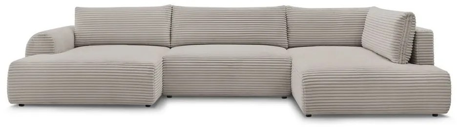 Divano angolare in grigio chiaro/beige allungabile (con penisola a sinistra/a forma di "U") con rivestimento in velluto a coste Lucien – Bobochic Paris